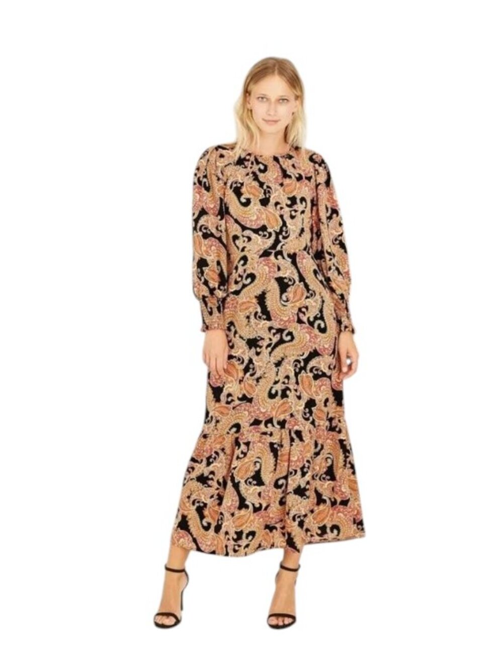 Who What Wear Modest Paisley Puff Long Sleeve Tiered Ruffle Side Zip Maxi Dress